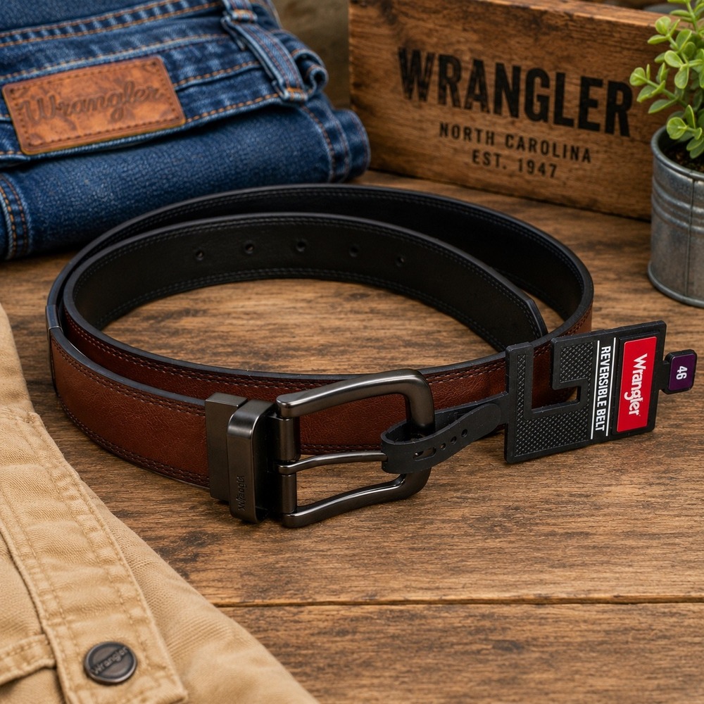 Wrangler Reversible Belt Size 46 Brown Black‎ Leather-Look Dress Casual Belt NWT